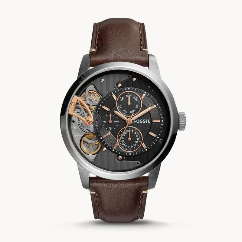FOSSIL Townsman Twist Multifunction Dark Brown Leather Watch ME1163 Authentic